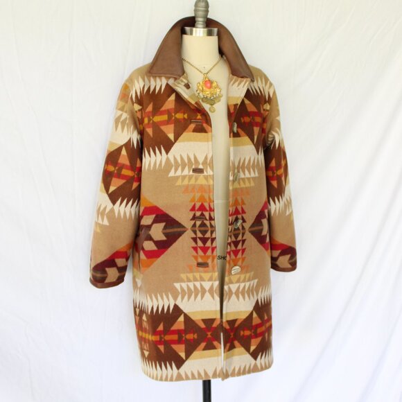 Vintage Pendleton Aztec Navajo Leather Wool blanket ranch car Coat jacket S - Picture 4 of 10